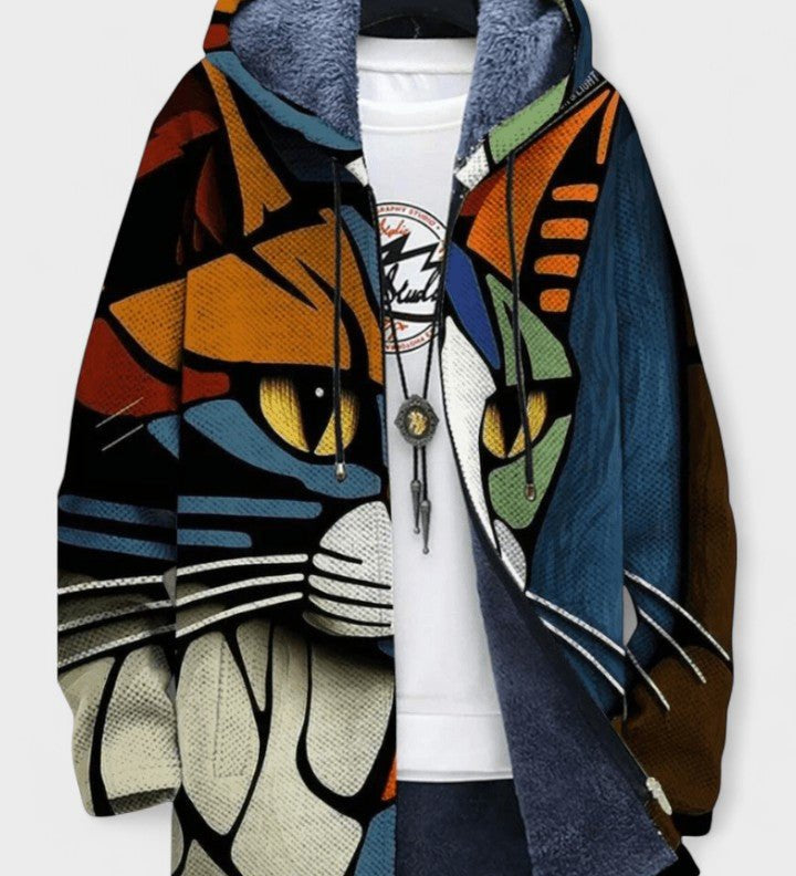 Gilet long à capuche doublé chat artistique — Edwige, LucieSaint-Tropez