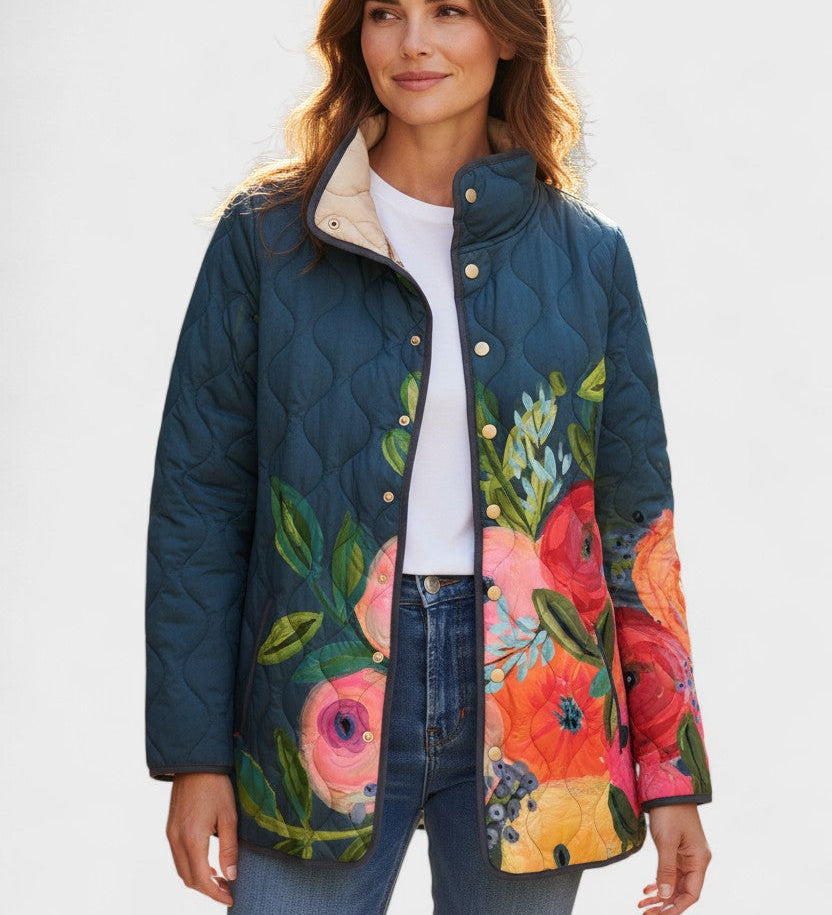 Veste matelassée bleu nuit à grandes fleurs — Éléonore, LucieSaint-Tropez
