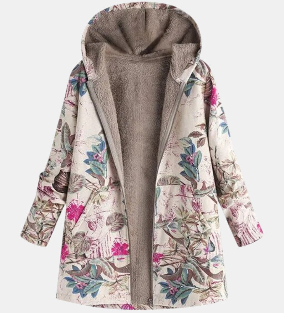 Manteau à capuche doublé écru à motif botanique — Ophélie, LucieSaint-Tropez (vue 2)
