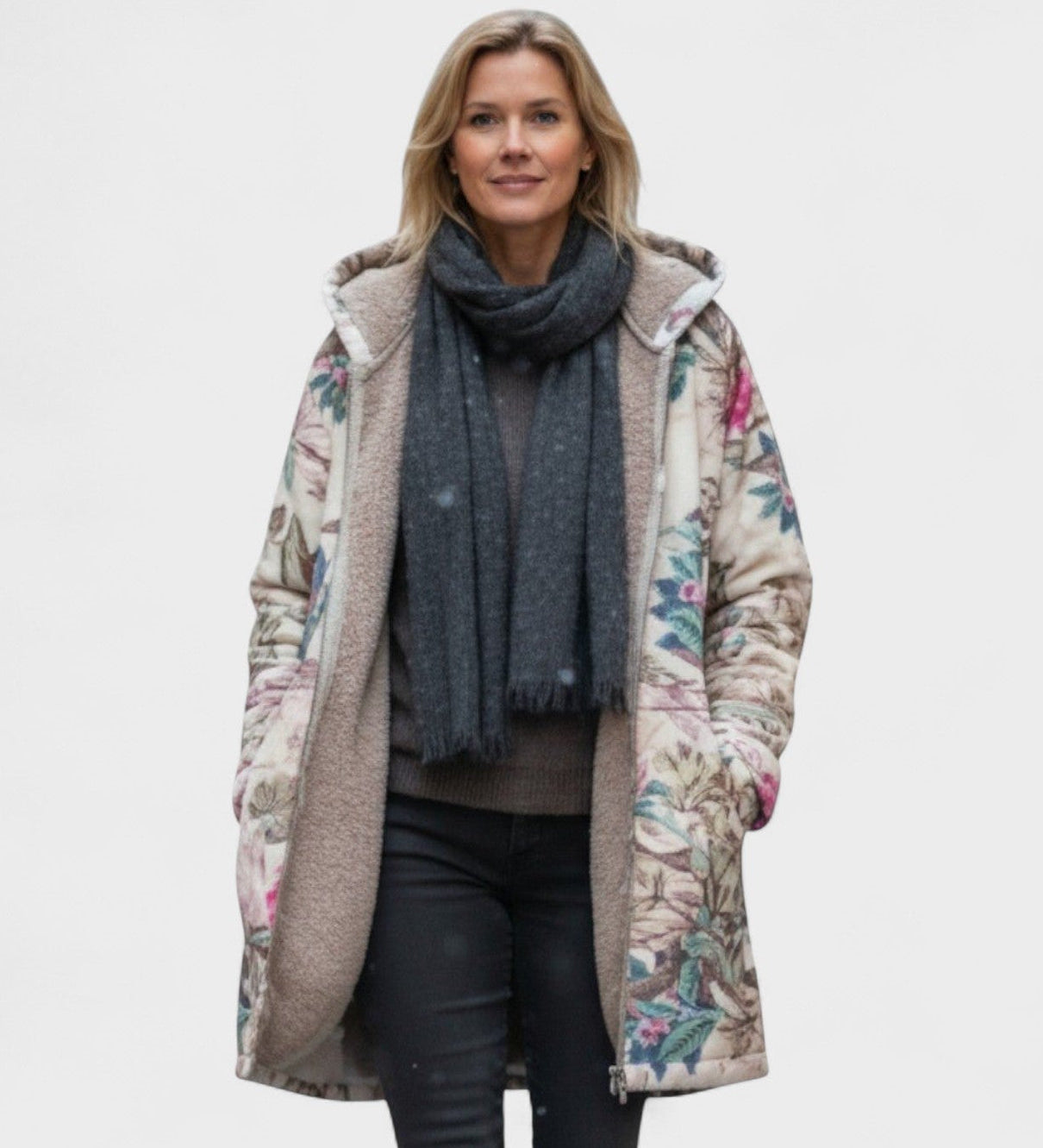 Manteau à capuche doublé écru à motif botanique — Ophélie, LucieSaint-Tropez