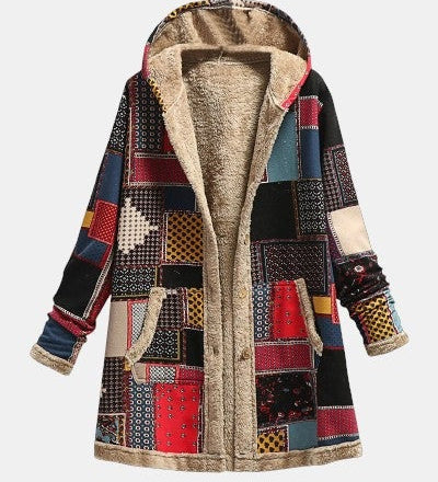 Manteau à capuche doublé patchwork rouge et noir — Sidonie, LucieSaint-Tropez