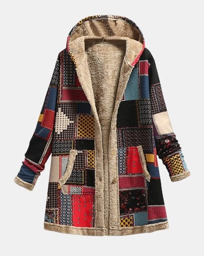 Manteau à capuche doublé patchwork rouge et noir — Sidonie, LucieSaint-Tropez