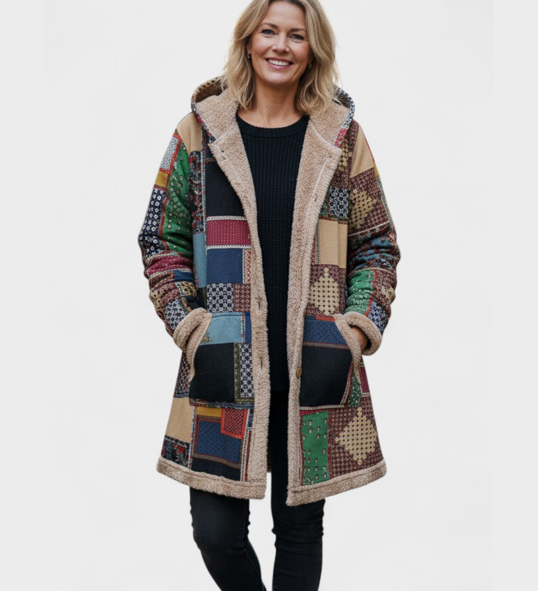 Manteau à capuche doublé patchwork tons terre — Diane, LucieSaint-Tropez (vue 2)