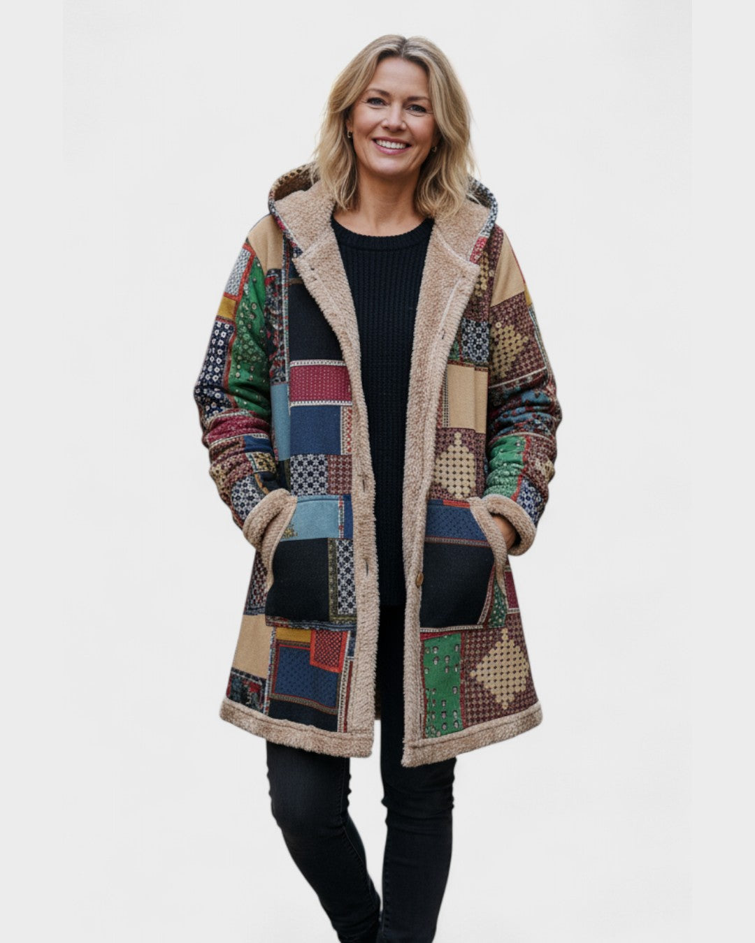 Manteau à capuche doublé patchwork tons terre — Diane, LucieSaint-Tropez (vue 2)