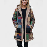Manteau à capuche doublé patchwork tons terre — Diane, LucieSaint-Tropez (vue 2)