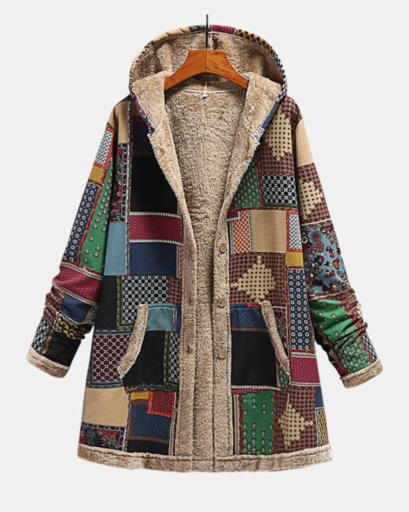 Manteau à capuche doublé patchwork tons terre — Diane, LucieSaint-Tropez
