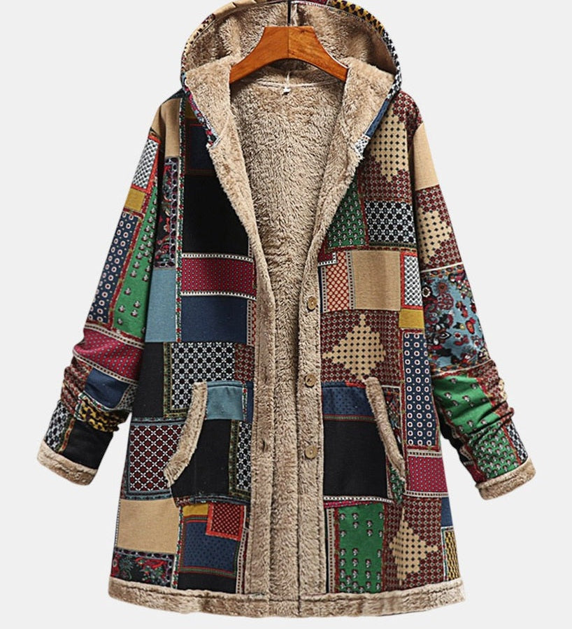 Manteau à capuche doublé patchwork tons terre — Diane, LucieSaint-Tropez