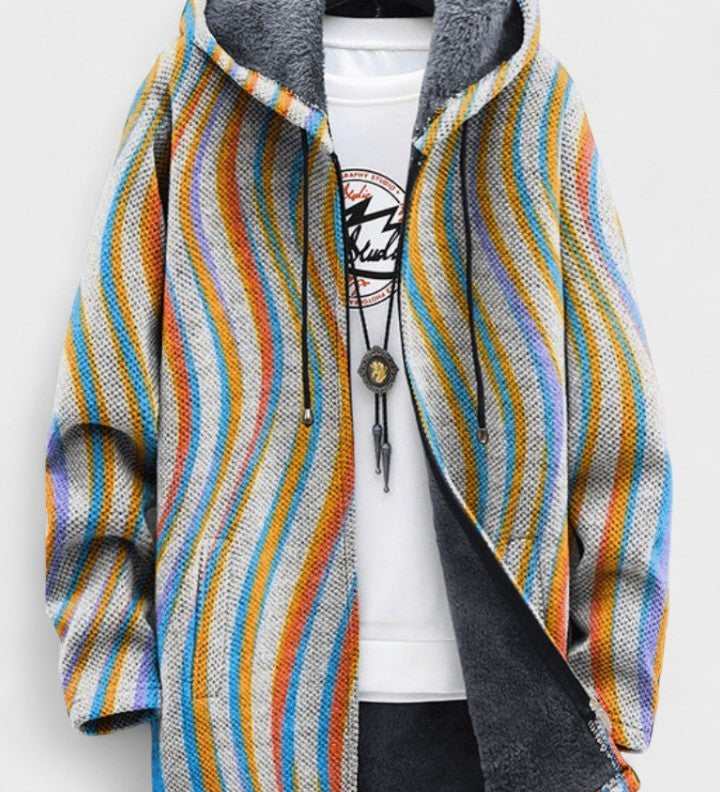 Gilet long à capuche doublé rayures ondulées pastel — Vivienne, LucieSaint-Tropez