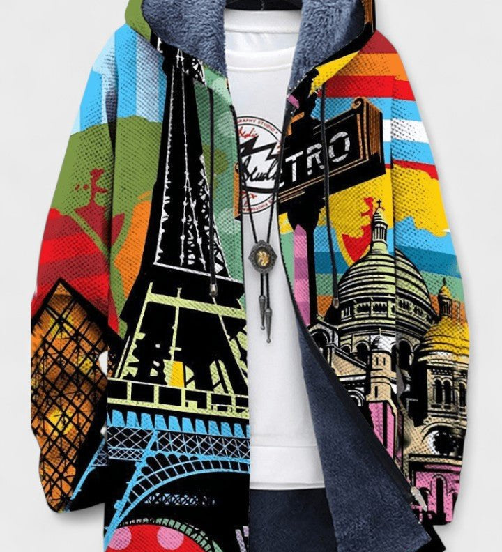 Gilet long à capuche doublé motif Paris — Yvette, LucieSaint-Tropez