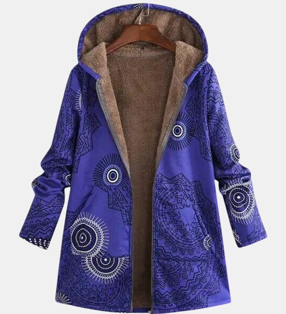 Manteau à capuche doublé bleu roi à mandalas — Margot, LucieSaint-Tropez
