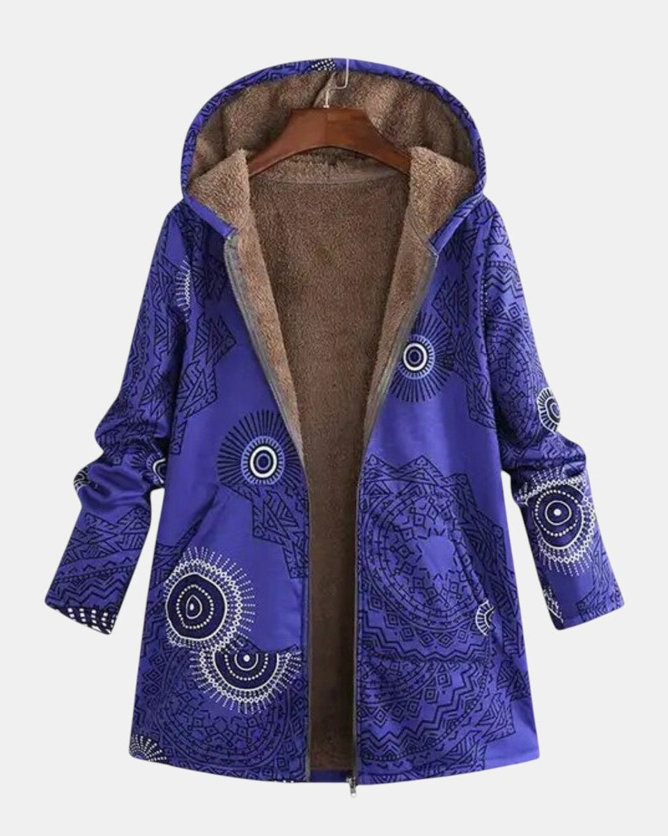 Manteau à capuche doublé bleu roi à mandalas — Margot, LucieSaint-Tropez