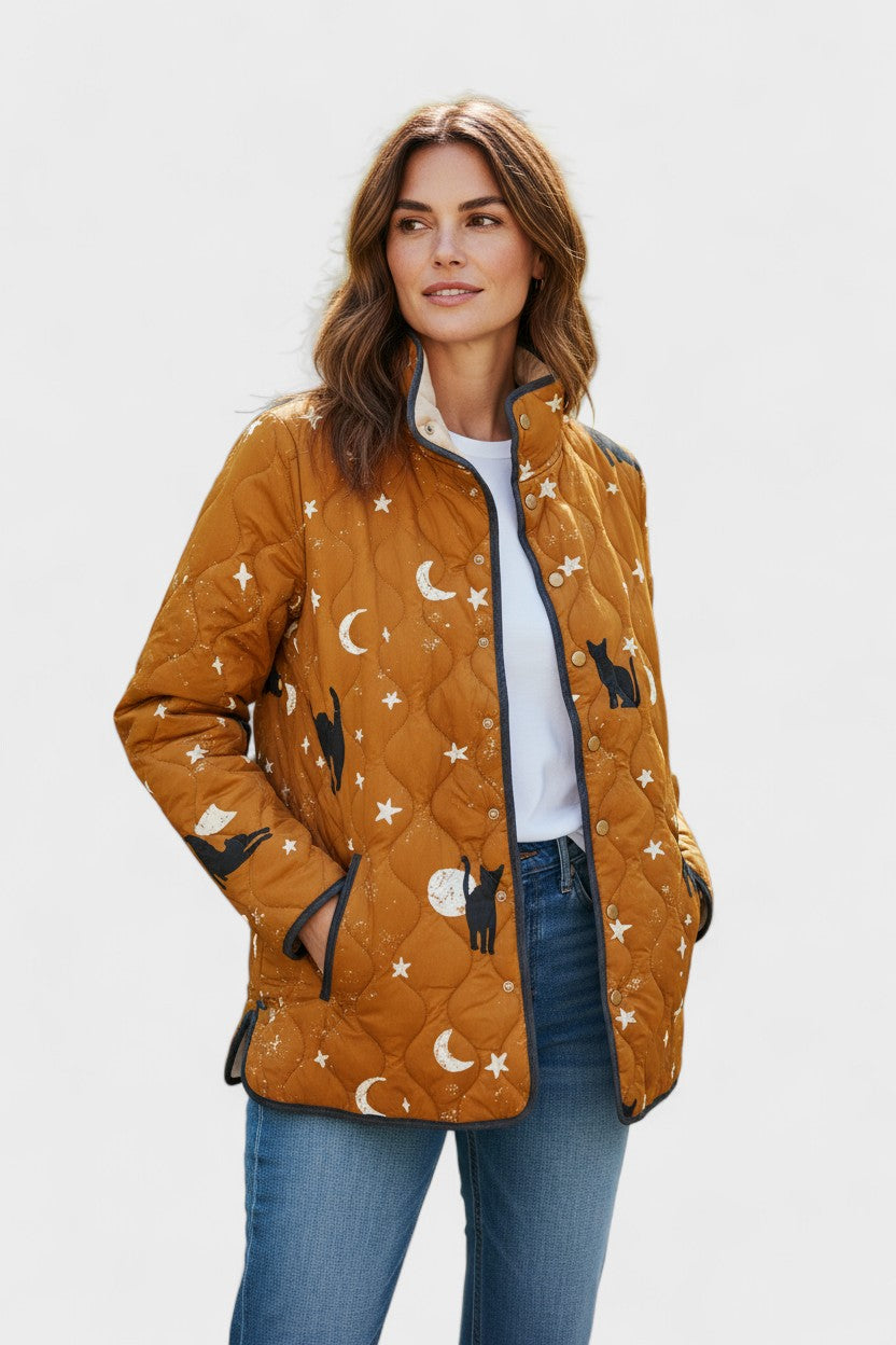 Veste matelassée moutarde à lunes et chats — Lune, LucieSaint-Tropez