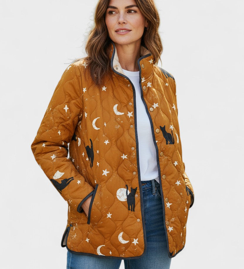 Veste matelassée moutarde à lunes et chats — Lune, LucieSaint-Tropez