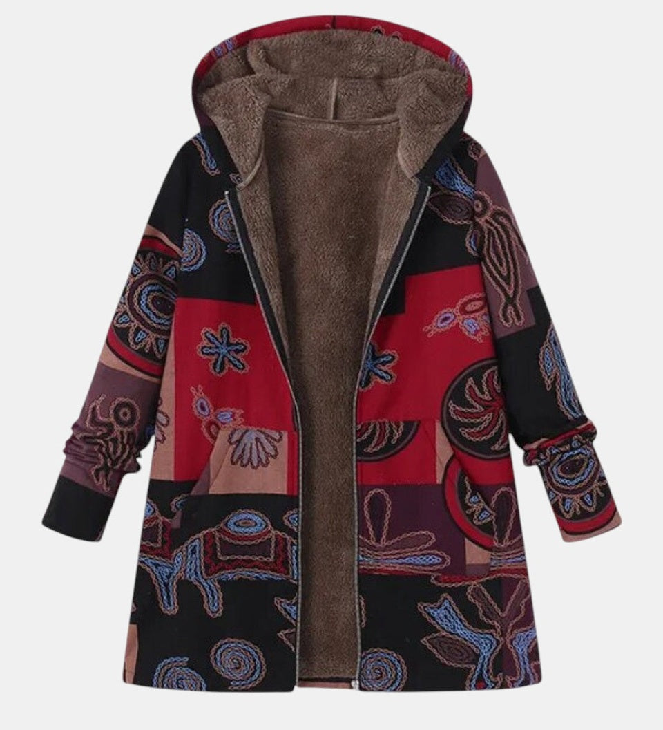 Manteau à capuche doublé patchwork bohème rouge — Suzanne, LucieSaint-Tropez