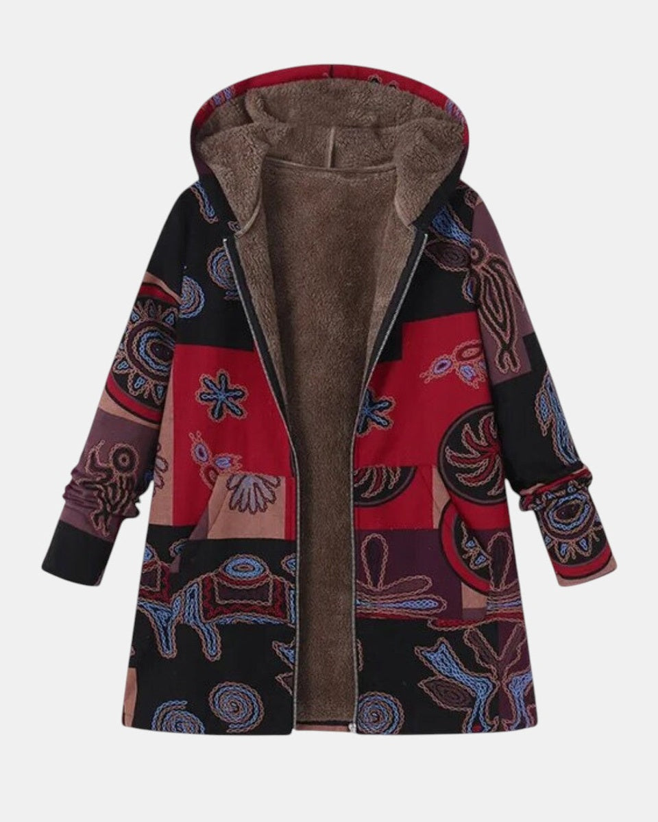 Manteau à capuche doublé patchwork bohème rouge — Suzanne, LucieSaint-Tropez