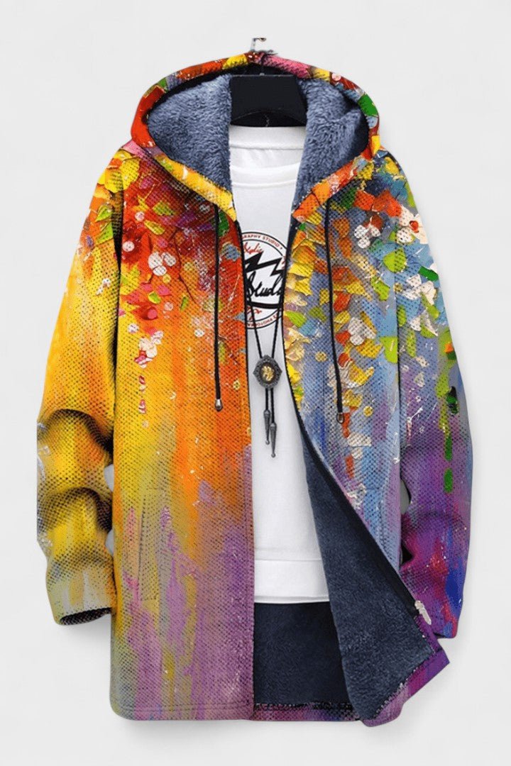 Gilet long à capuche doublé fleurs dorées — Daphné, LucieSaint-Tropez