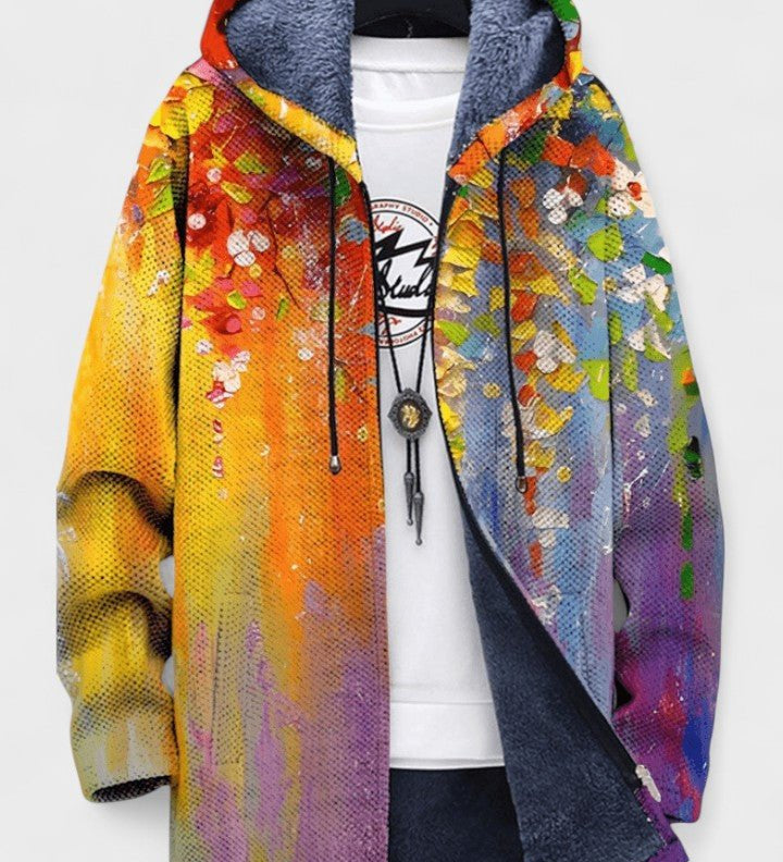 Gilet long à capuche doublé fleurs dorées — Daphné, LucieSaint-Tropez