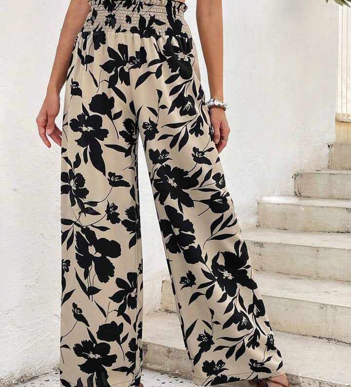 Theodora | Pantalon Large à Taille Haute Décontracté à Motif Floral pour Femme