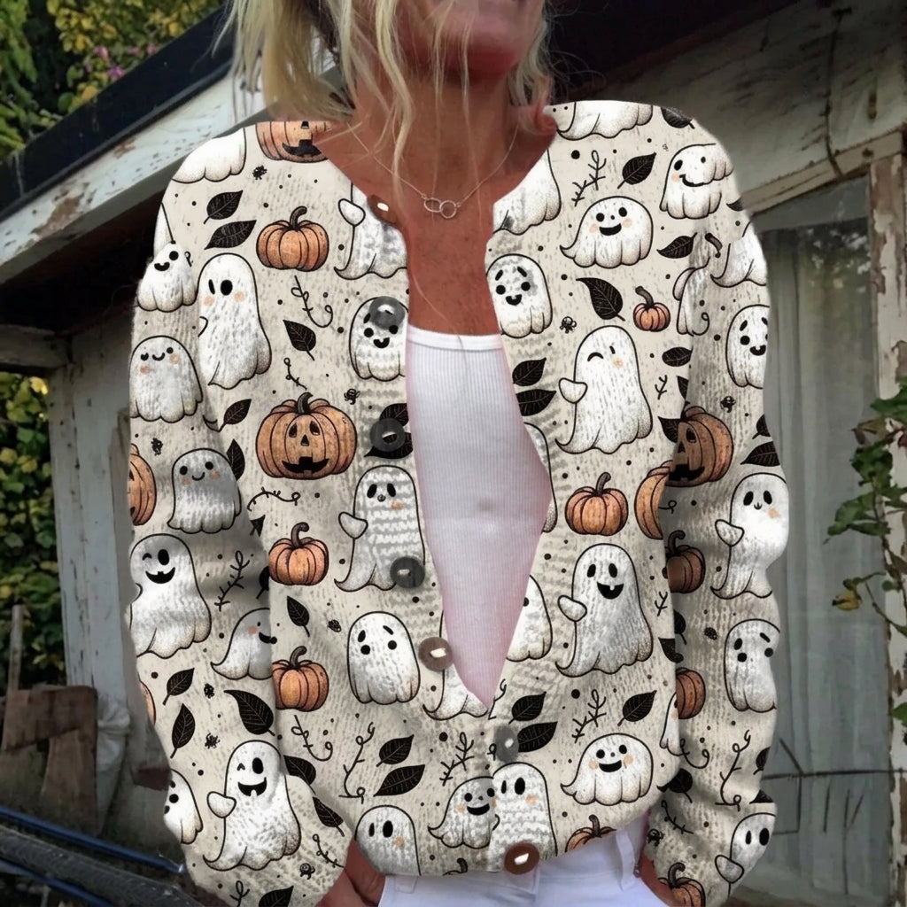 Cardigan boutonné à fantômes et citrouilles d'Halloween — Jacqueline, LucieSaint-Tropez