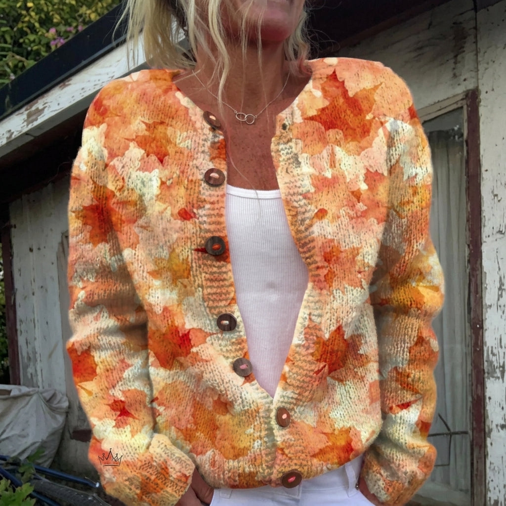 Cardigan boutonné à feuilles d'érable d'automne — Isabelle, LucieSaint-Tropez