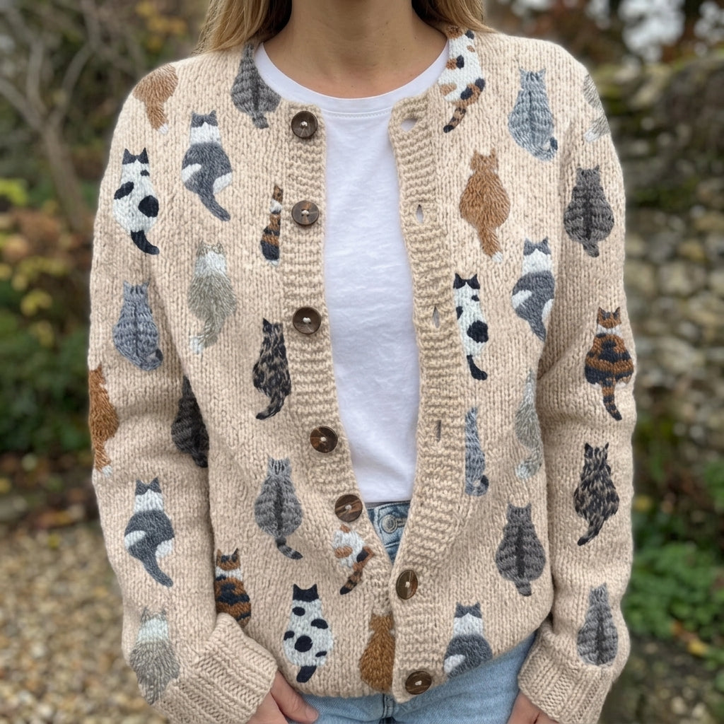 Cardigan boutonné beige à motif chats — Pascaline, LucieSaint-Tropez