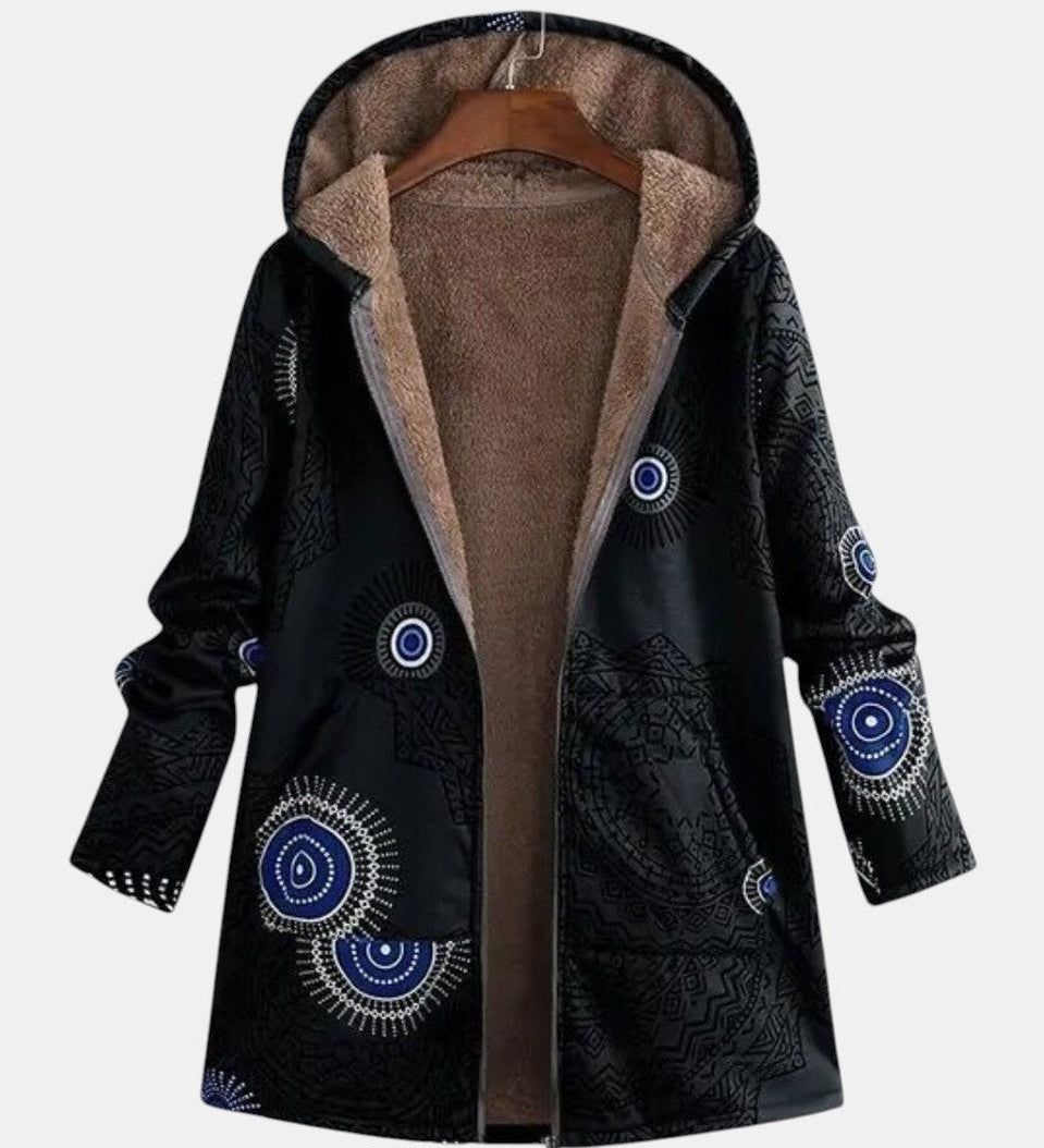 Manteau à capuche doublé à motifs spirales — Salomé, LucieSaint-Tropez