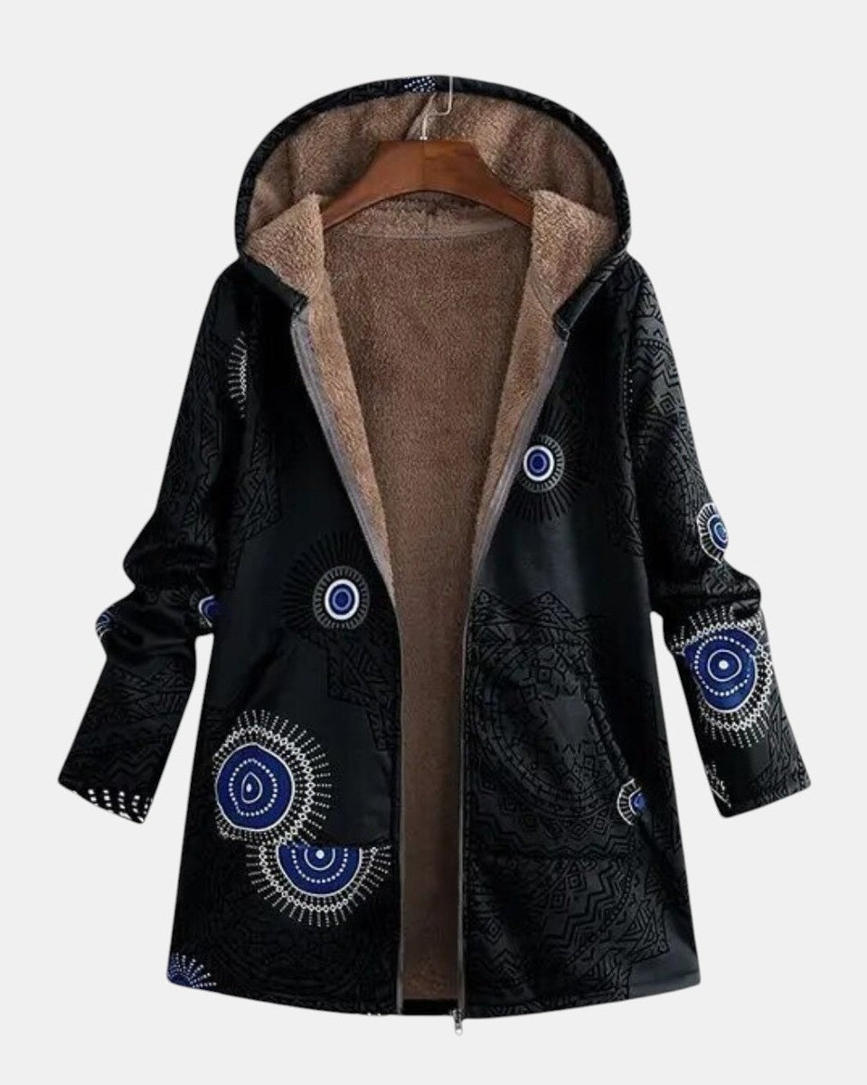 Manteau à capuche doublé à motifs spirales — Salomé, LucieSaint-Tropez