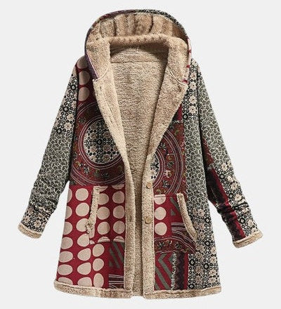 Manteau à capuche doublé bordeaux à motifs géométriques — Coralie, LucieSaint-Tropez