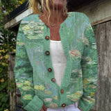 Cardigan boutonné vert à nénuphars aquarelle — Hortense, LucieSaint-Tropez