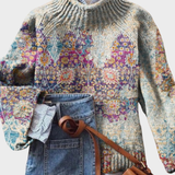 Pull col roulé à motif folk pastel lavande et beige — Clémence, LucieSaint-Tropez