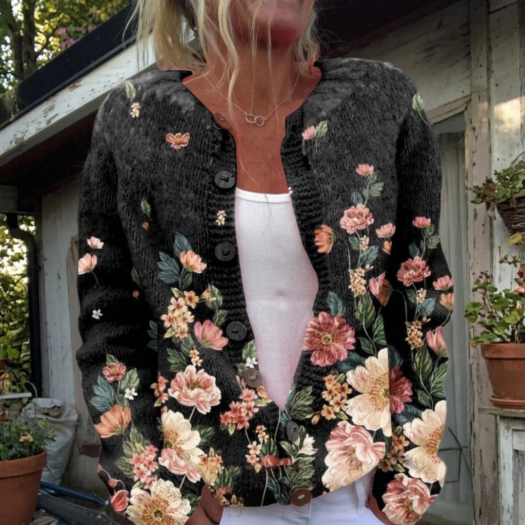 Cardigan boutonné noir à grandes fleurs rétro — Olivia, LucieSaint-Tropez