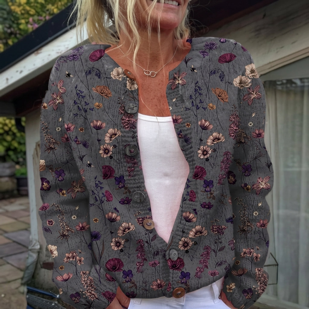 Cardigan boutonné gris à petites fleurs — Sylviane, LucieSaint-Tropez