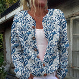 Cardigan boutonné blanc à feuillages bleu marine — Lucienne, LucieSaint-Tropez