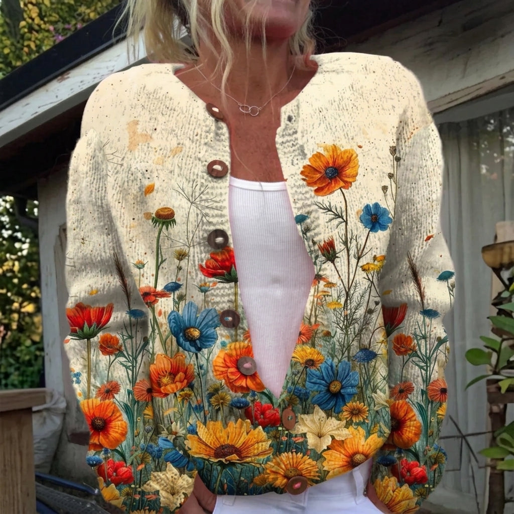 Cardigan boutonné crème à fleurs des champs — Roseline, LucieSaint-Tropez