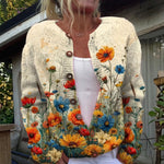 Cardigan boutonné crème à fleurs des champs — Roseline, LucieSaint-Tropez