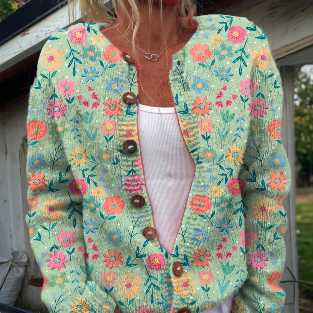 Cardigan boutonné vert d'eau à fleurs colorées — Livie, LucieSaint-Tropez
