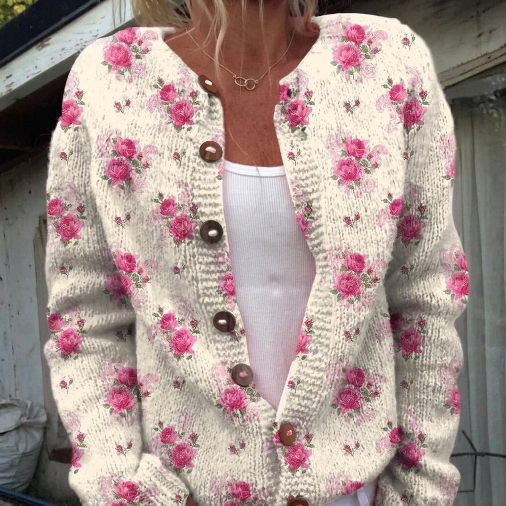 Cardigan boutonné crème à roses aquarellées — Victorine, LucieSaint-Tropez