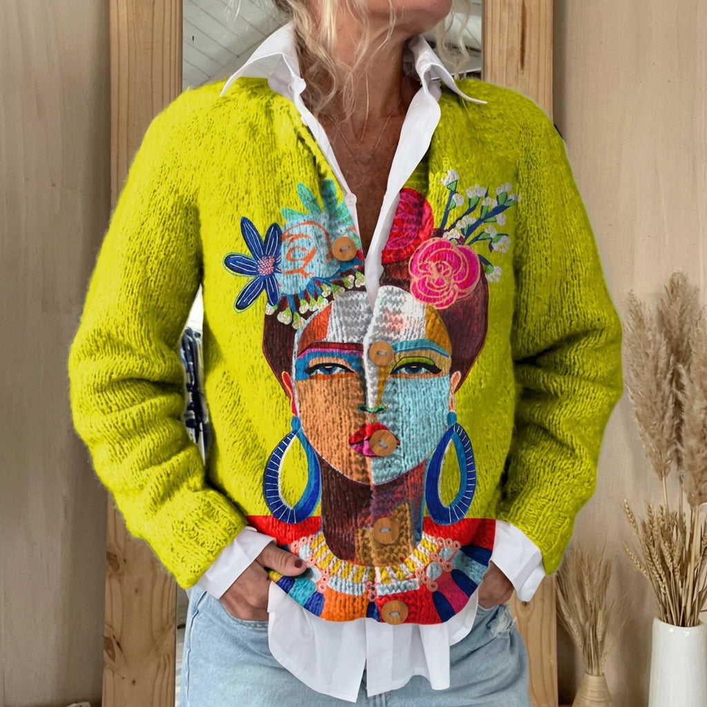 Cardigan boutonné jaune à portrait peint — Martine, LucieSaint-Tropez