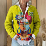 Cardigan boutonné jaune à portrait peint — Martine, LucieSaint-Tropez