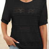 Pull À Manches Courtes En Maille Crochetée Ajourée Et Col Rond Pour Femmes