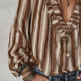 Blouse Profond Col V Rayures Verticales Loose