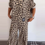 Ensemble décontracté à imprimé léopard avec haut ras du cou et poche, pantalon à jambe large