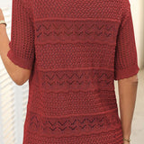 Pull À Manches Courtes En Maille Crochetée Ajourée Et Col Rond Pour Femmes
