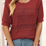 Pull À Manches Courtes En Maille Crochetée Ajourée Et Col Rond Pour Femmes