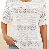 Pull À Manches Courtes En Maille Crochetée Ajourée Et Col Rond Pour Femmes