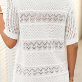 Pull À Manches Courtes En Maille Crochetée Ajourée Et Col Rond Pour Femmes