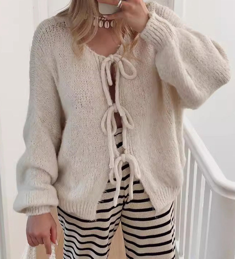 Cardigan à lacets de couleur unie de style paresseux
