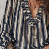 Blouse Profond Col V Rayures Verticales Loose