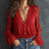 Blouse À Manches Longues En Dentelle Avec Col En V