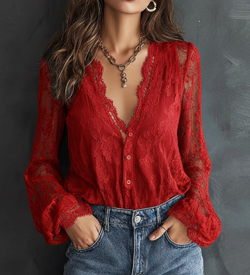 Blouse À Manches Longues En Dentelle Avec Col En V